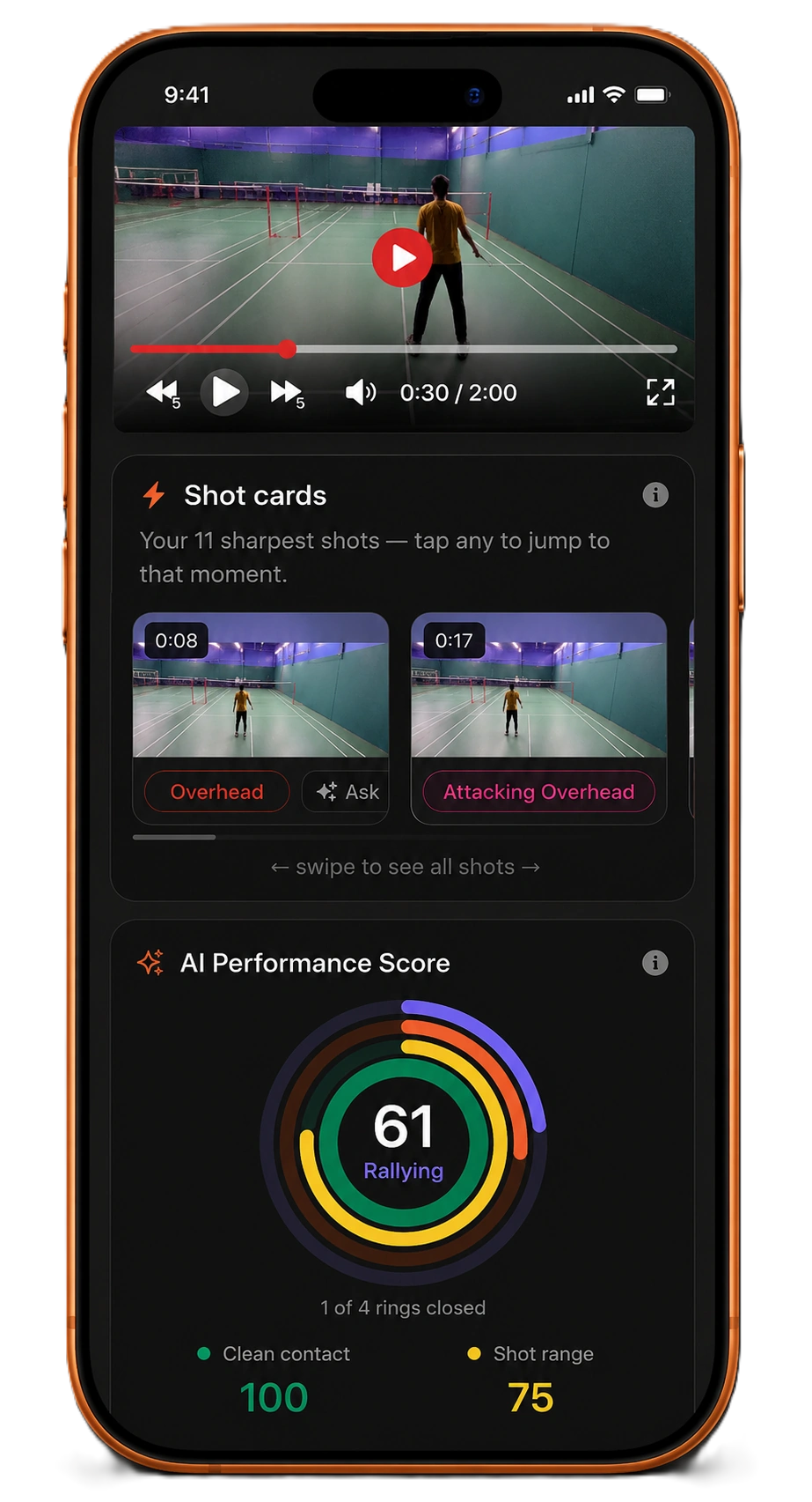 Kreeda app: an 11-shot rally with tappable shot cards and an AI Performance Score of 61
